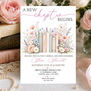 A New Chapter Bridal Shower Invitation, Floral Book Themed Bachelorette Party, Editable in Canva,Digital Download