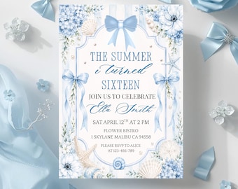 May include: A light blue invitation card with the text "THE SUMMER i turned SIXTEEN" and floral and seashell accents. The invitation includes details for a celebration, including the date, time, and location.