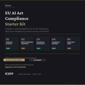 Op de afbeelding: Donkere afbeelding met tekst die een EU AI Act Compliance Starter Kit promoot. De kit bevat vijf sjablonen voor compliance, waaronder een AI System Inventory en een Quick Start Guide. De prijs is €109.