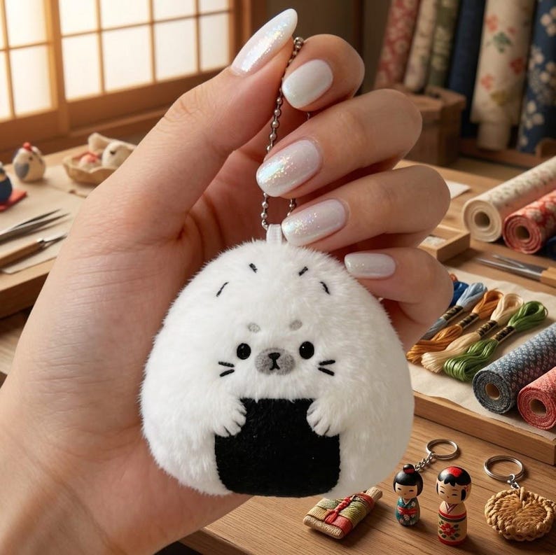 Puede incluir: Un llavero de felpa blanco con forma de bola de arroz con una linda cara de foca. El llavero tiene una envoltura de algas negras y una cadena plateada. Otros art&iacute;culos en miniatura de tem&aacute;tica japonesa est&aacute;n en el fondo.