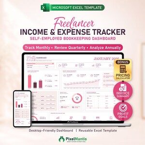 Freelancer Income & Expense Tracker for Excel - Self Employed Bookkeeping Spreadsheet with Freelance Invoice Profit Tracker Dashboard