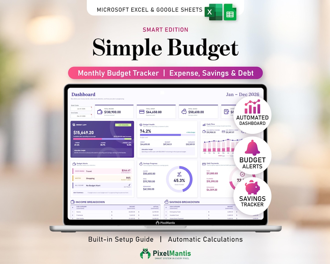 Simple Budget Spreadsheet for Excel & Google Sheets - Budget Tracker ...