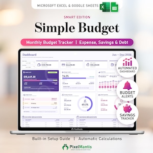 Puede incluir: Una plantilla de seguimiento de presupuesto digital para Microsoft Excel y Google Sheets titulada Simple Budget Smart Edition. El panel muestra datos financieros que incluyen ingresos, gastos, ahorros y deudas para 2026 con gráficos automáticos.