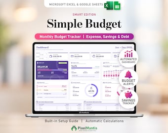 May include: A digital budget tracker displayed on a laptop screen, titled Simple Budget, featuring an automated dashboard, expense, savings, and debt tracking for 2026. Includes icons for automated dashboard, budget alerts, and savings tracker.