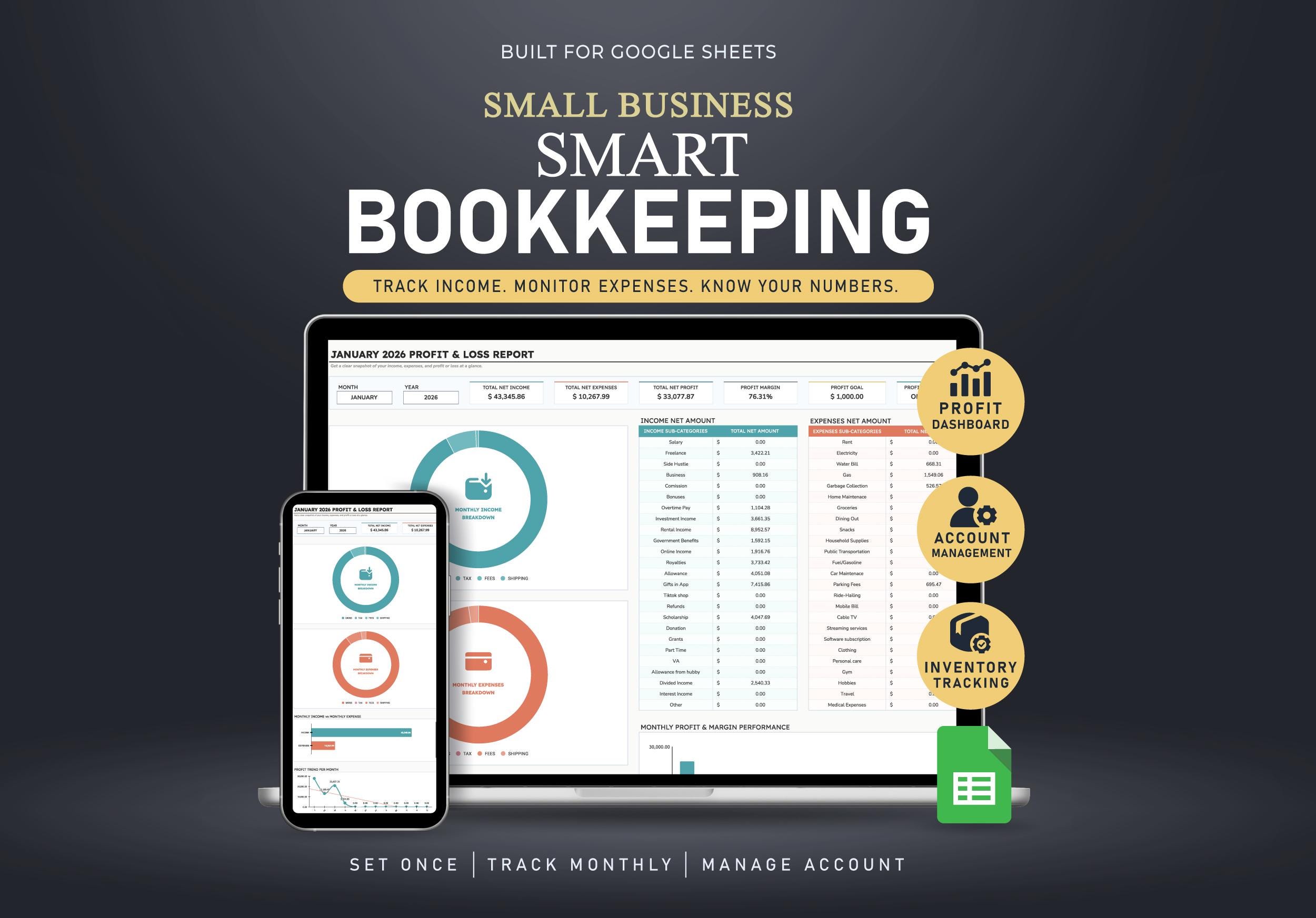 Small Business Bookkeeping Spreadsheet | Google Sheets Expense Tracker ...