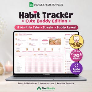 Google Sheets-Vorlage zur Gewohnheitsverfolgung – Spielerische Gewohnheitsverfolgungs-Tabelle mit Tagesablaufdiagramm, Serien und niedlicher Begleiter-Enthüllung