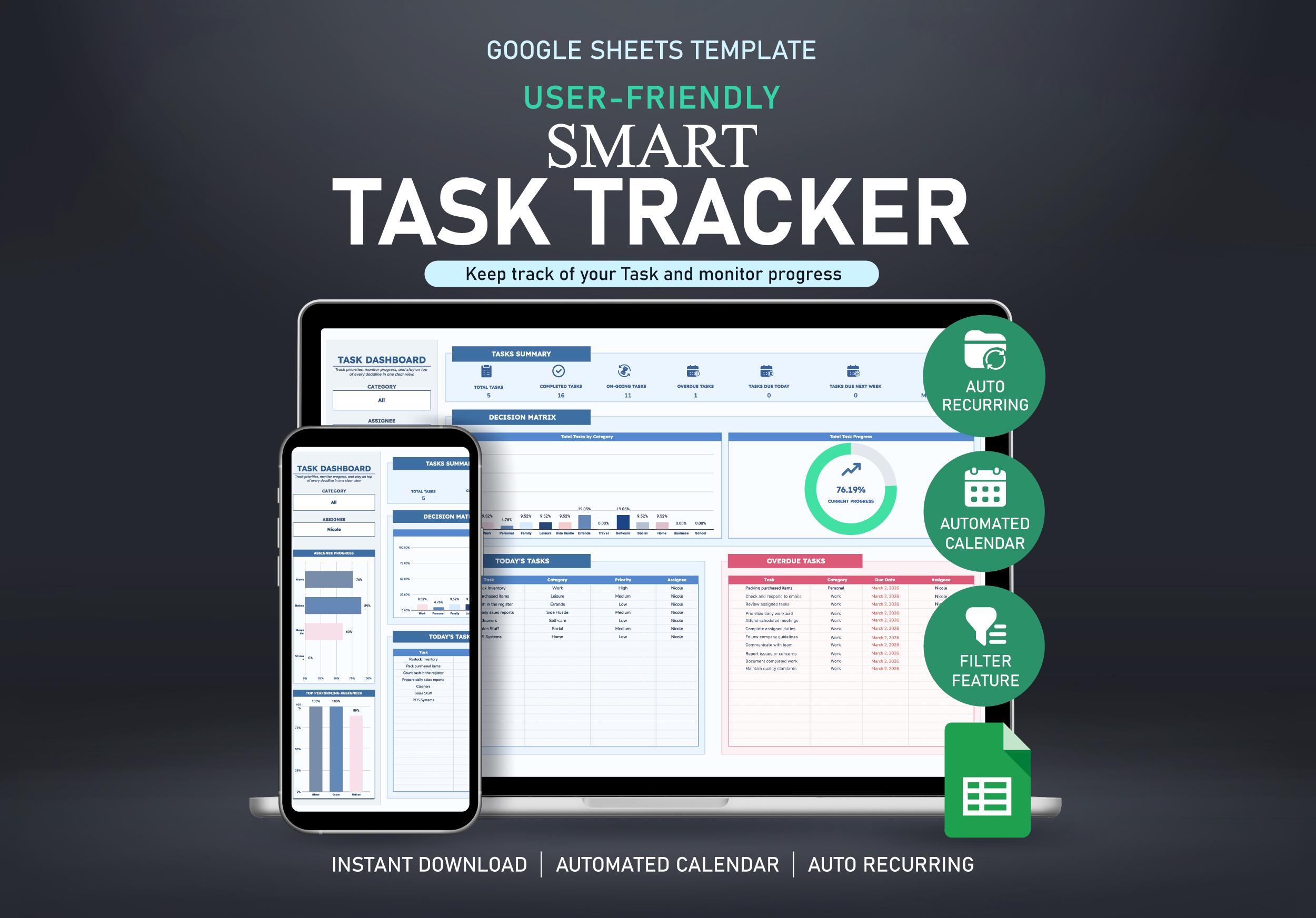 Task Tracker Google Sheets | Smart Task Manager Spreadsheet | Daily ...