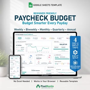 Op de afbeelding: Een Google Sheets-sjabloon voor een salarisbudget weergegeven op een laptop- en smartphonescherm. De interface bevat een jaarlijks dashboard met grafieken, financiële gegevens en tekst waaronder "Paycheck Budget" en "4 Simple Input Tabs."