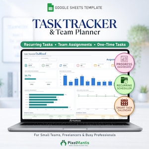 Può includere: Un modello Google Sheets per un tracker di attività e pianificatore di team visualizzato su uno schermo di un portatile. L'interfaccia mostra grafici, barre di avanzamento ed elenchi. Tre icone circolari evidenziano un dashboard e un calendario.