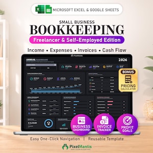 May include: A digital bookkeeping template for Microsoft Excel and Google Sheets displayed on a laptop screen. The interface shows an annual dashboard for 2026 with sections for income, expenses, invoices, cash flow, and a bonus pricing calculator.