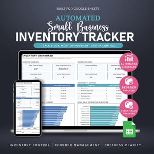Hoja de cálculo de seguimiento de inventario en Google Sheets / Gestión de inventario para pequeñas empresas / Hoja de cálculo para el seguimiento de existencias / Plantilla para reordenar y panel de control