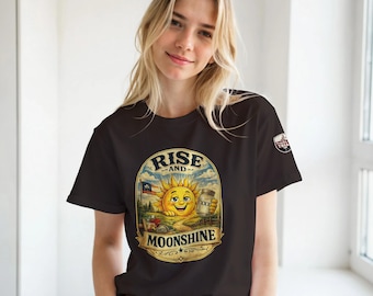 Rise and Moonshine T-Shirt | Funny Vintage Drinking Tee | Retro Sunrise Moonshine Graphic | Unisex Shirt