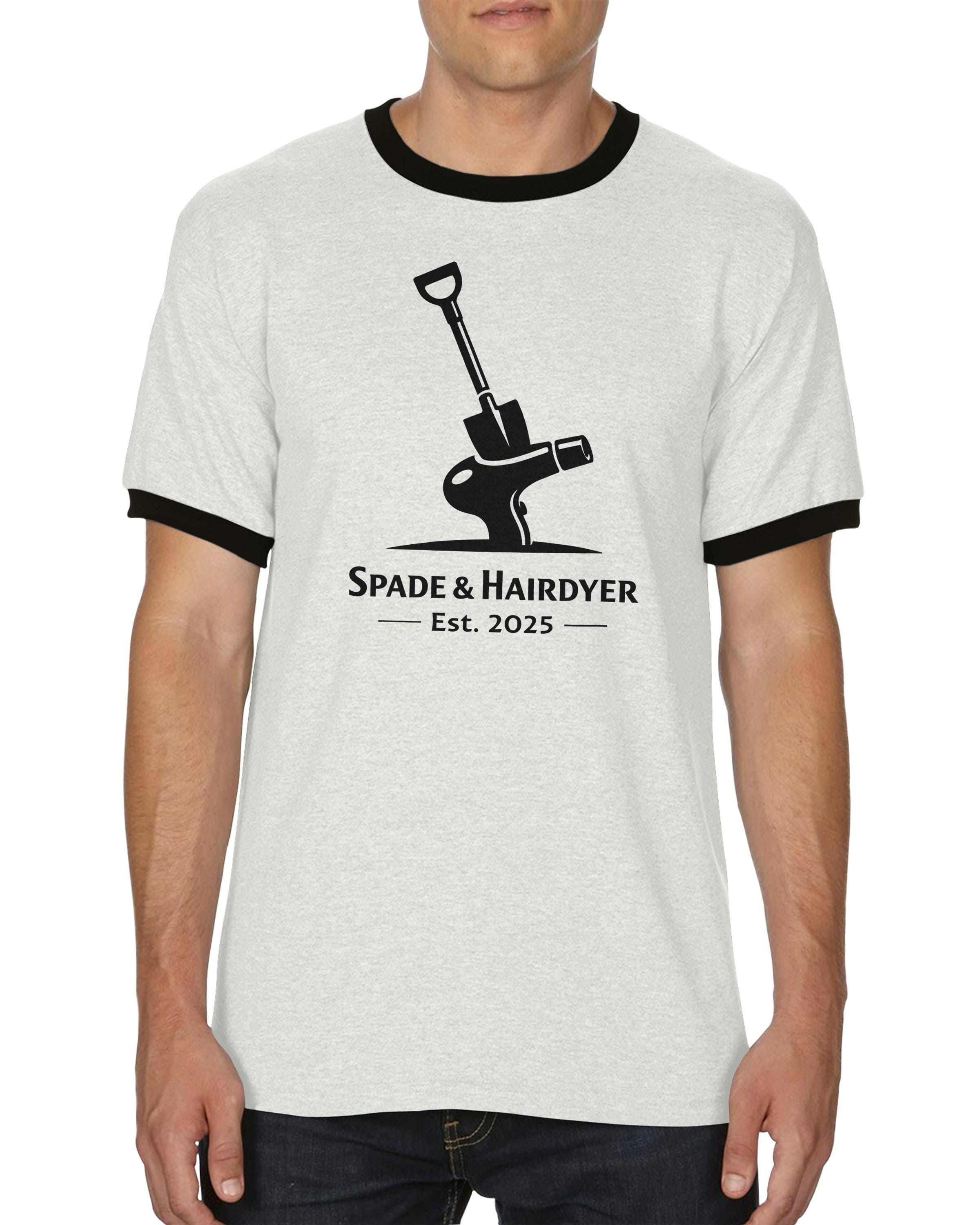 Retro Ringer T-Shirt | &ldquo;Spade & Hairdryer&rdquo; Graphic Tee | Contrast Trim