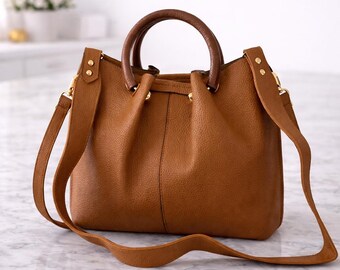 Women's brown PU leather handbag, elegant bag with handles and shoulder strap, chic minimalist bag with pouch, everyday bag