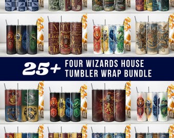 Four Wizard Houses Tumbler PNG, Fantasy Crest Sublimation Design, Wizard Kingdom 20oz Wrap, Phoenix & Dragon Sublimation (Instant download)