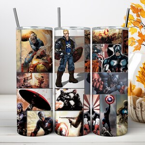 May include: Three cylindrical tumblers with metal straws, each featuring a collage of comic book illustrations depicting Captain America in various action poses, combat scenes, and uniform styles, with a prominent star emblem on the chest.