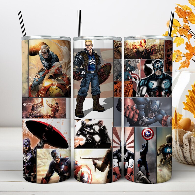 May include: Three cylindrical tumblers with metal straws, each featuring a collage of comic book illustrations depicting Captain America in various action poses, combat scenes, and uniform styles, with a prominent star emblem on the chest.