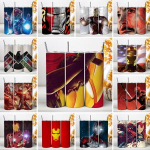 May include: A collection of twelve cylindrical metal tumblers featuring various graphic designs of Iron Man, including close-up portraits, action poses, the character's helmet, and the Avengers logo, each topped with a thin metal straw.