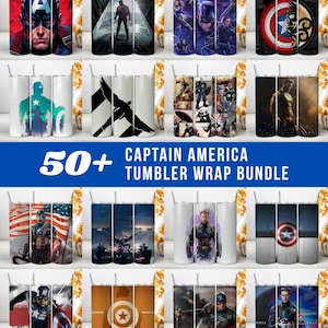 May include: A digital collection of 50+ Captain America tumbler wrap designs featuring various cinematic illustrations, character portraits, shield motifs, and patriotic themes displayed on cylindrical containers with straws.