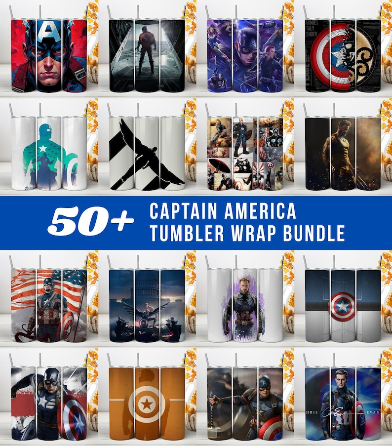 May include: A digital collection of 50+ Captain America tumbler wrap designs featuring various cinematic illustrations, character portraits, shield motifs, and patriotic themes displayed on cylindrical containers with straws.