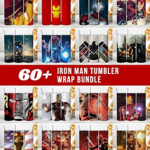 May include: A digital collection of 60+ Iron Man tumbler wrap designs featuring various illustrations of the armored hero in red and gold suits, action poses, and cinematic scenes. The bundle includes graphic prints with the text 60+ IRON MAN TUMBLER WRAP BUNDLE.