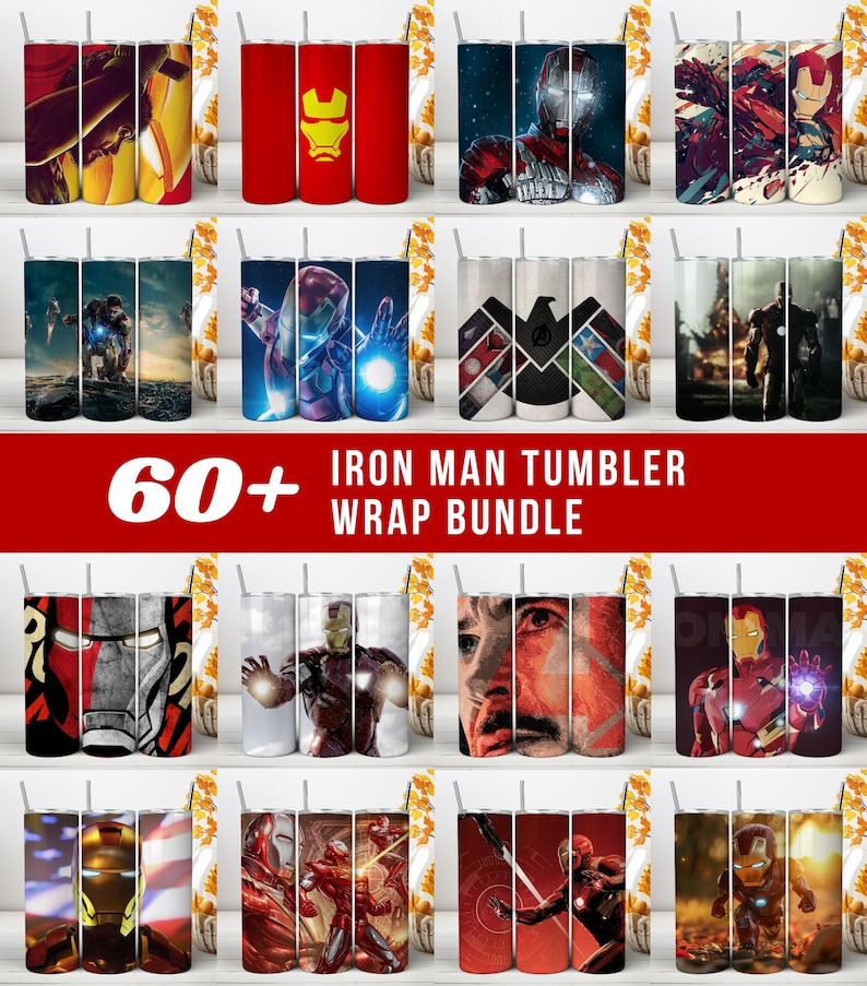 May include: A digital collection of 60+ Iron Man tumbler wrap designs featuring various illustrations of the armored hero in red and gold suits, action poses, and cinematic scenes. The bundle includes graphic prints with the text 60+ IRON MAN TUMBLER WRAP BUNDLE.