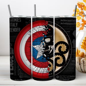 May include: A cylindrical tumbler with a metal straw featuring a split graphic design. One side shows a cracked red, white, and blue shield, while the other displays a black octopus emblem over a background of vintage newspaper headlines.