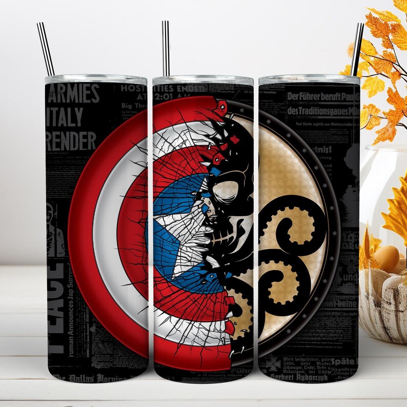 May include: A cylindrical tumbler with a metal straw featuring a split graphic design. One side shows a cracked red, white, and blue shield, while the other displays a black octopus emblem over a background of vintage newspaper headlines.