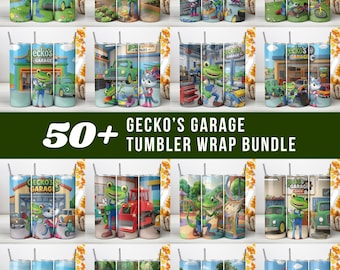 Geckos Garage Tumbler Wrap PNG, Kids Cartoon Vehicle 20oz Skinny Tumbler, Truck Mechanic Garage Theme Cup Design (Instant download)