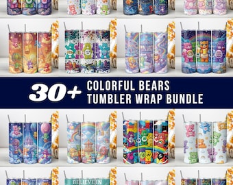 Colourful Bears Tumbler Wrap PNG, Cartoon Rainbow Bear Sublimation Design, Care Bears 20oz Skinny Tumbler Pink Wrap (Instant download)