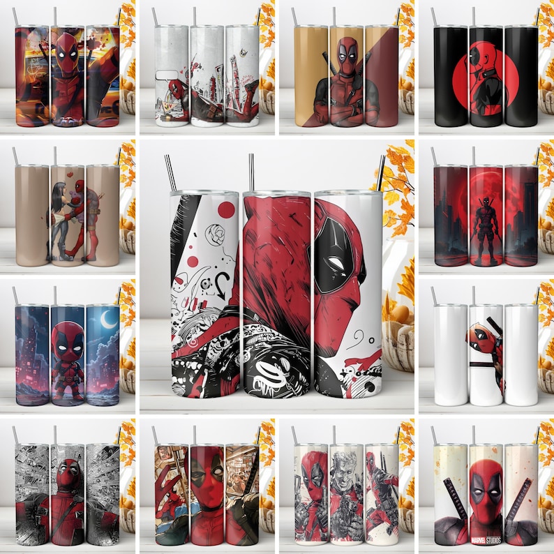 May include: A collection of twelve cylindrical tumblers featuring various graphic illustrations of the character Deadpool. Each tumbler includes a metal straw and displays unique red and black comic book style artwork with different action poses.