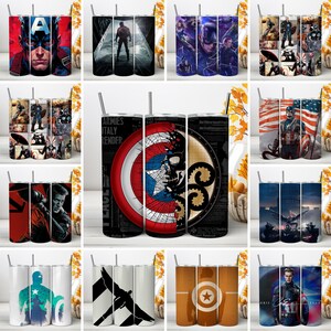 May include: A collection of twelve cylindrical tumblers featuring various Captain America graphic designs, including character portraits, shield motifs, and action scenes, each topped with a thin metal straw and a clear lid.