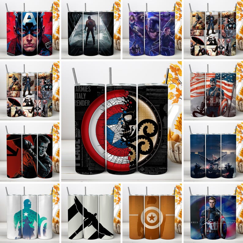 May include: A collection of twelve cylindrical tumblers featuring various Captain America graphic designs, including character portraits, shield motifs, and action scenes, each topped with a thin metal straw and a clear lid.