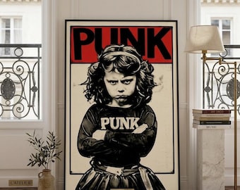 Punk Girl Poster, Edgy Black White Wall Art, Urban Grunge Print