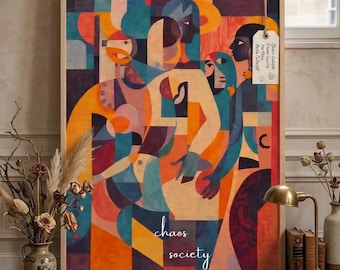 Abstract Cubist Print, Chaos Society Wall Art, Modern Geometric Figure Painting (Digital Download)