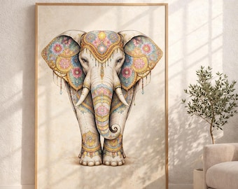 Boho Elephant Wall Art, Mandala Poster, Spiritual Ethnic Decor (PDF Download)