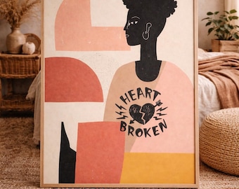 Boho Woman Portrait Print, Abstract African American Art, Broken Heart Poster