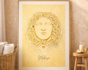 Medusa Wall Art, Eyes Closed Illustration, Greek Mythology Print, Santorini Style Decor (Digital Download)