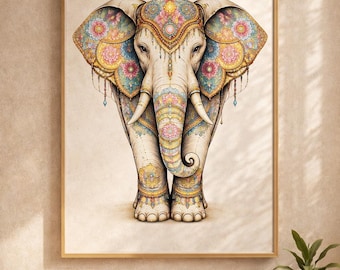 Mandala Elephant Wall Art, Indian Style Spiritual Poster, Ornamental Matte Print