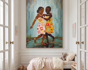Afro Art Print, Two Girls Dancing in Rain, Modern Wall Art (Digital Download)