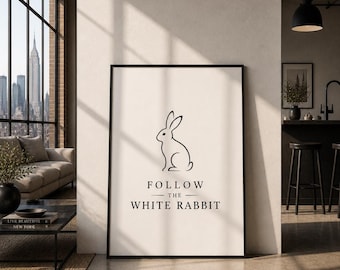 Follow The White Rabbit Poster | Minimalist Line Art Print (Digital Download)
