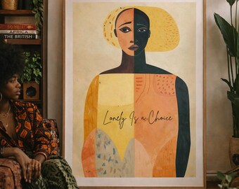 Abstract Black Woman Portrait Print, Modern Boho Wall Decor, Minimalist Art