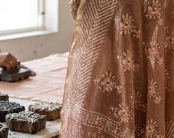 Bloque de mano impreso Chanderi seda Dupatta, estola floral Sanganeri, bufanda étnica Jaipur