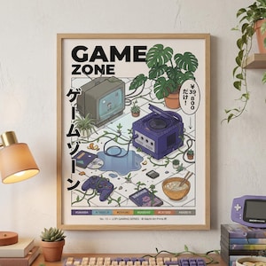 Könnte beinhalten: Ein gerahmter "Game Zone" Kunstdruck mit Retro-Gaming-Motiven, darunter ein Vintage-Fernseher, eine lila Spielekonsole und eine Schüssel Nudeln. Der Druck enthält japanischen Text und Farbfelder. Eine lila Tastatur und ein Game Boy Advance sind ebenfalls zu sehen.