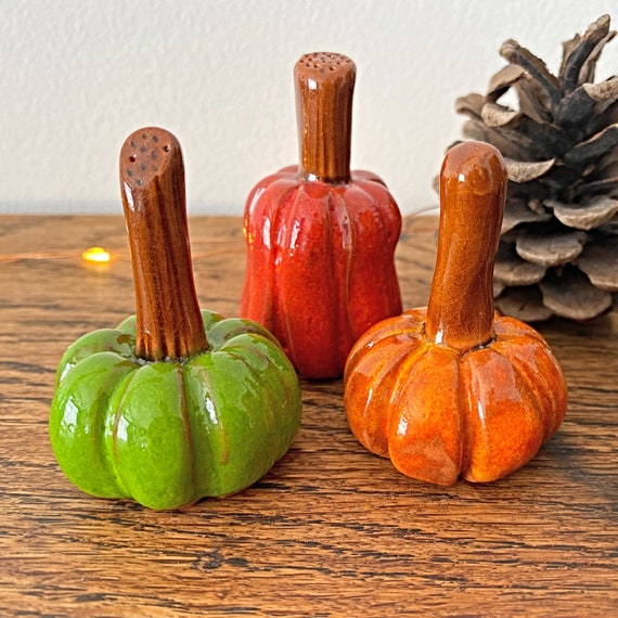 Set of 3 Ceramic Terracotta Pumpkins, Green, Red and Orange - Terracotta Handmade Mini Pumpkins - Red Pumpkin, Green Pumpkin, Orange Pumpkin