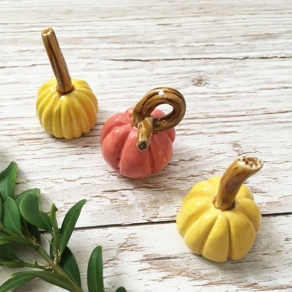 Three Mini Ceramic Pumpkins - Earthenware Handmade Mini Pumpkins - Yellow and Pink Mini Pumpkins - Mini Pumpkins