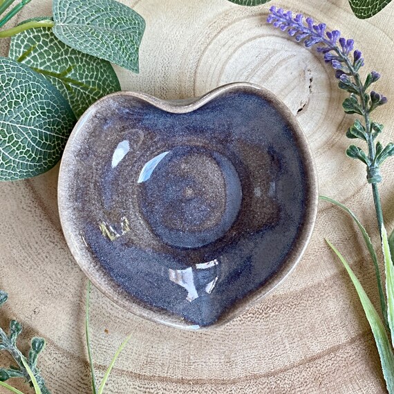 Hand Thrown Pottery Heart Shaped Ceramic Trinket Dish - Blue/Brown/Grey