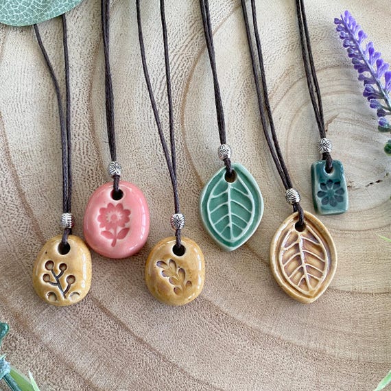 Handmade Ceramic Pendant Necklace – Leaf / Flower / Sprig Design