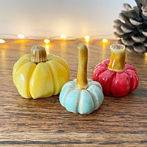Ceramic Set of 3 Pumpkins - Yellow, Turquoise and Red - Earthenware Handmade Mini Pumpkins - Yellow Pumpkin, Blue Pumpkin, Red Pumpkin