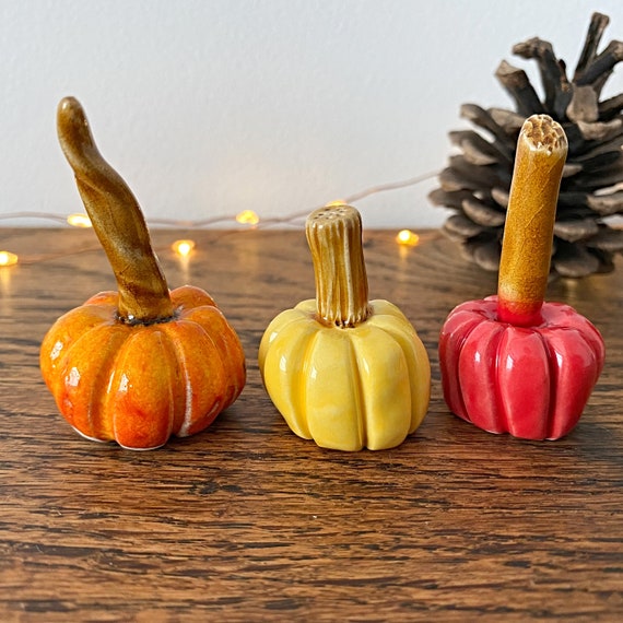 Ceramic Set of 3 Pumpkins, Orange, Yellow and Red - Earthenware Handmade Mini Pumpkins - Yellow Pumpkin, Red Pumpkin, Orange Pumpkin